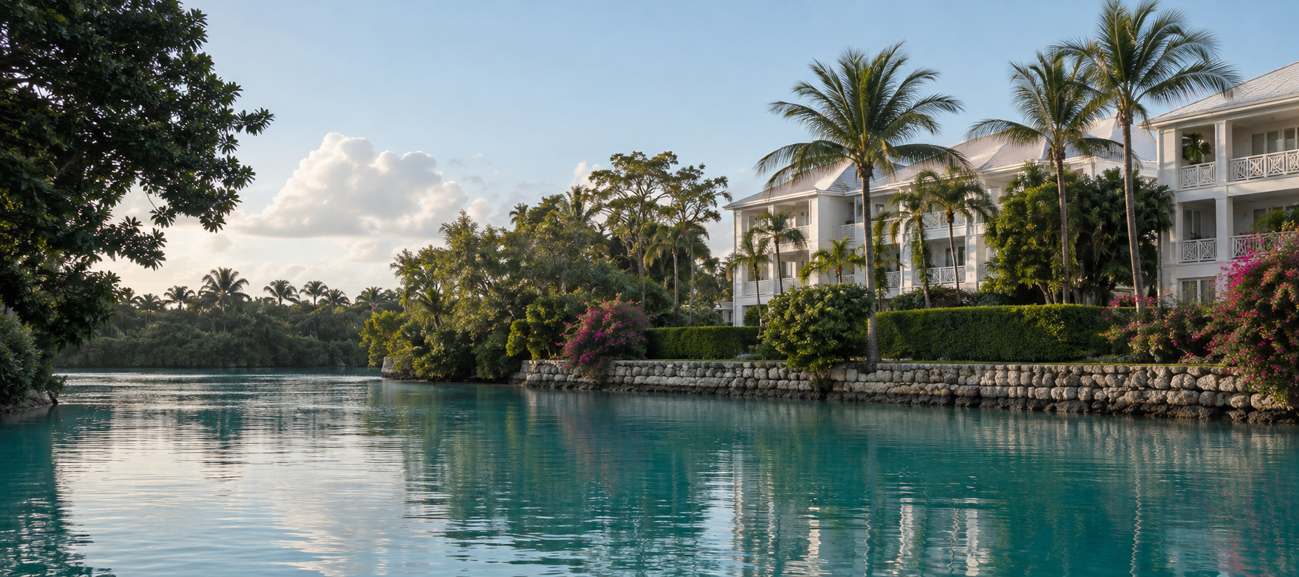 A serene canal-front residential setting in The Bahamas